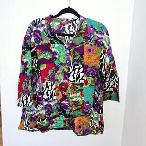 90s Vintage Womens Floral Patchwork Button Front Shirt Sz XL Cotton Maximalist
